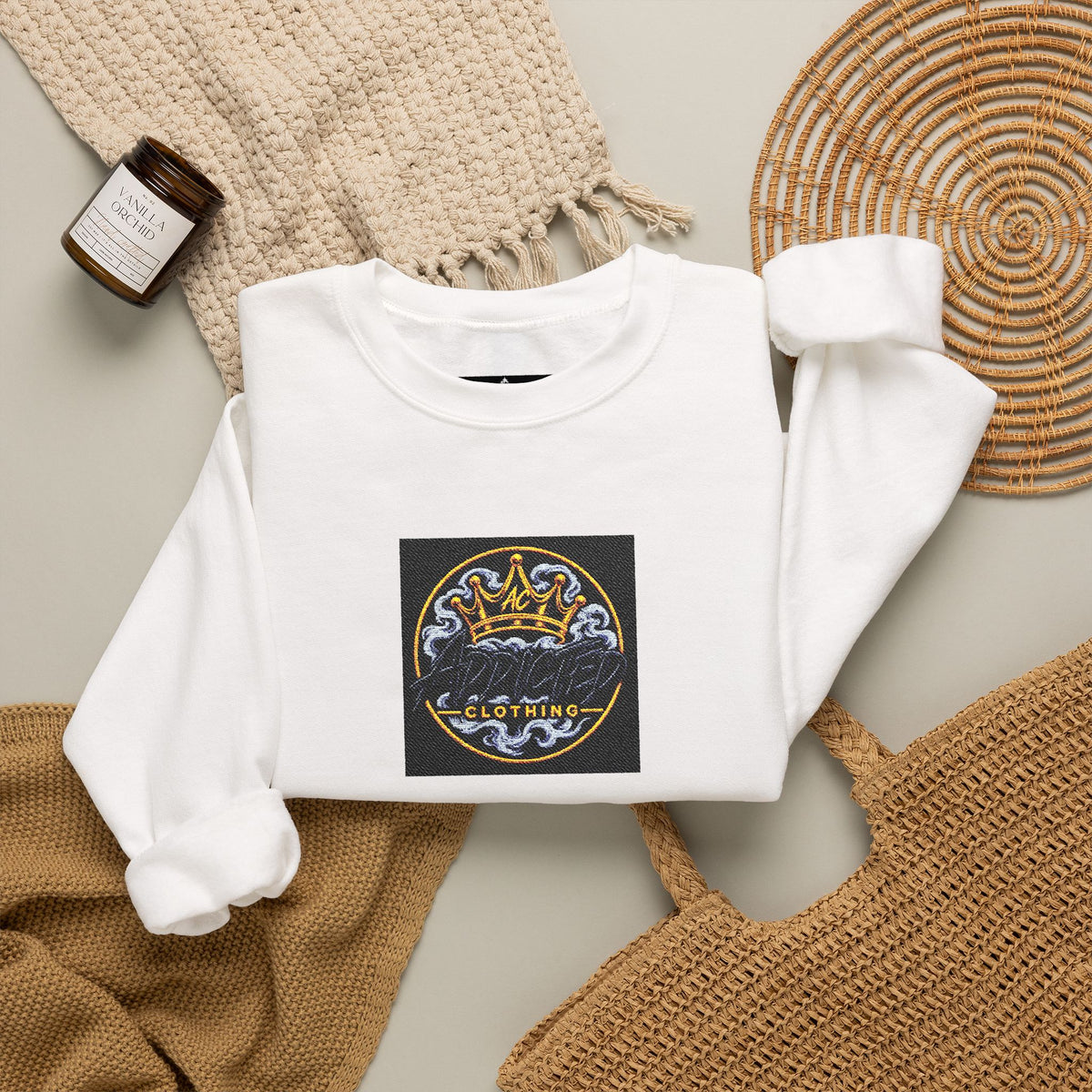 Celestial Crest Crewneck Sweatshirt — Gold Moon & Stars Graphic